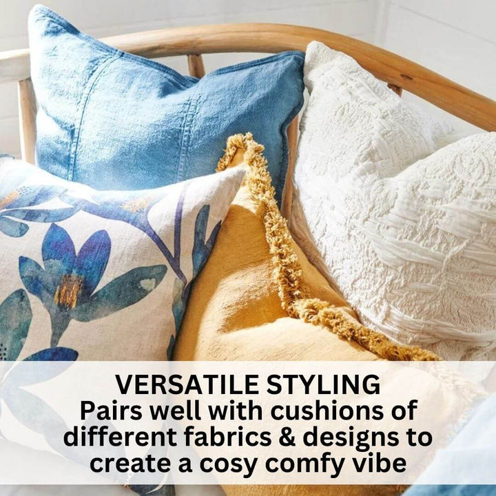 Style the Square 50cm Luca Boho Linen Cushion with Fringe with other cushions on your sofa or bed.