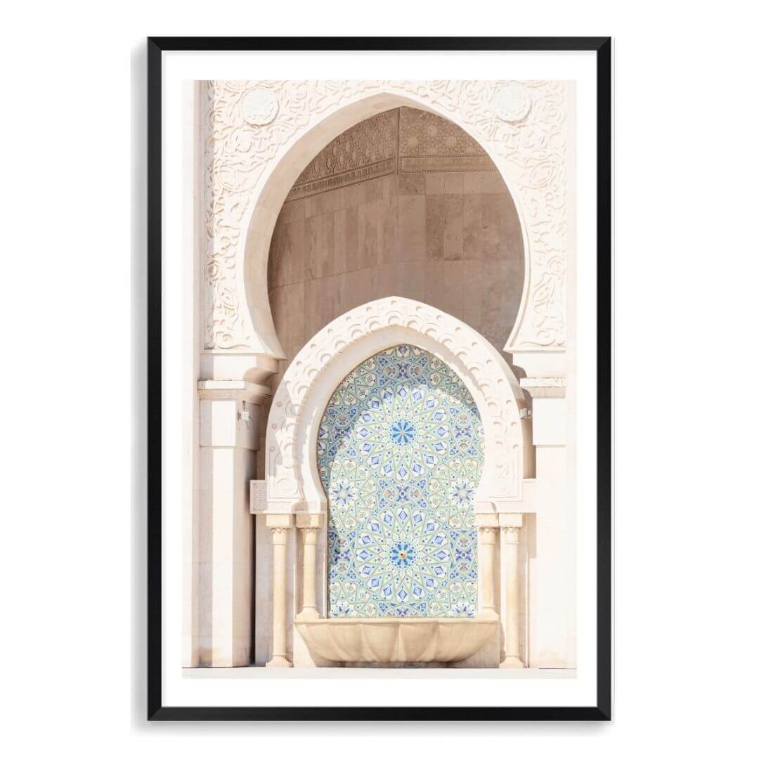 Moroccan Temple Arch Wall Art Photo Print with a black frame and white border by Beautiful Home Decor