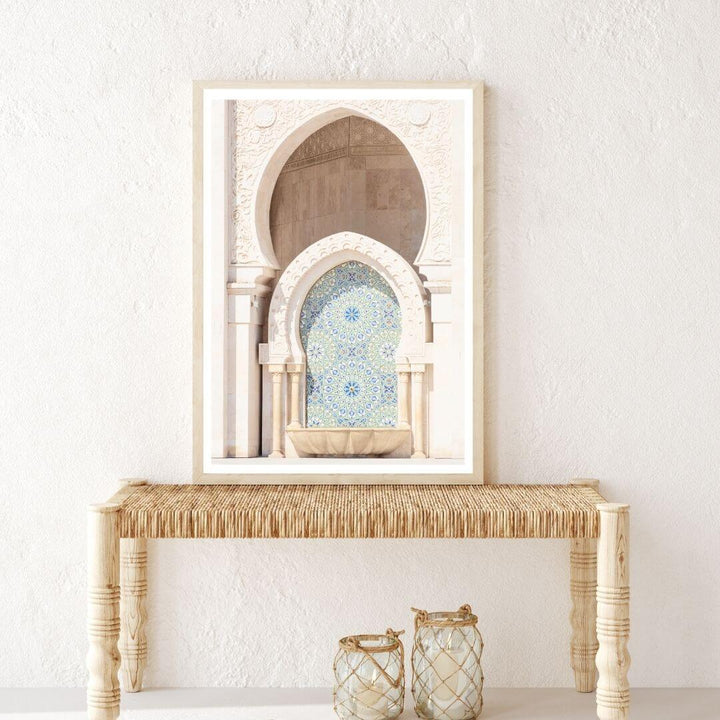 Moroccan Temple Arch Wall Art Photo Print with a timber timber frame and white border for your hallway by Beautiful Home Decor