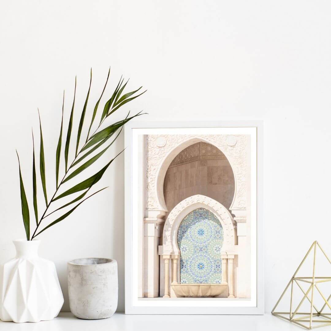 A4 Moroccan Temple Arch Wall Art Photo Print with a white frame and border by Beautiful Home Decor
