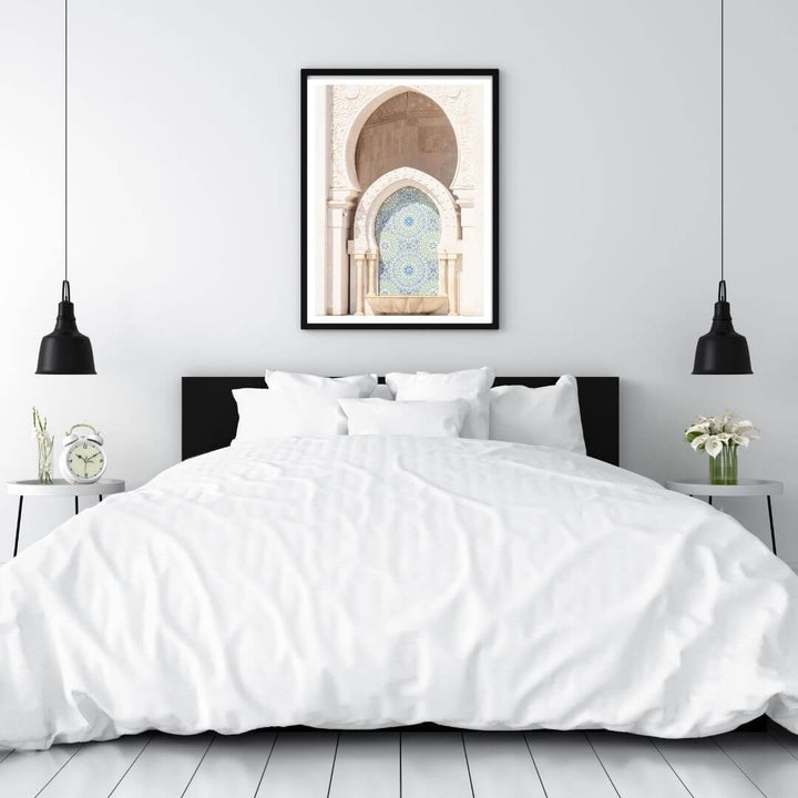 Moroccan Temple Arch Wall Art Photo Print with a black frame to decorate the wall above your bed.