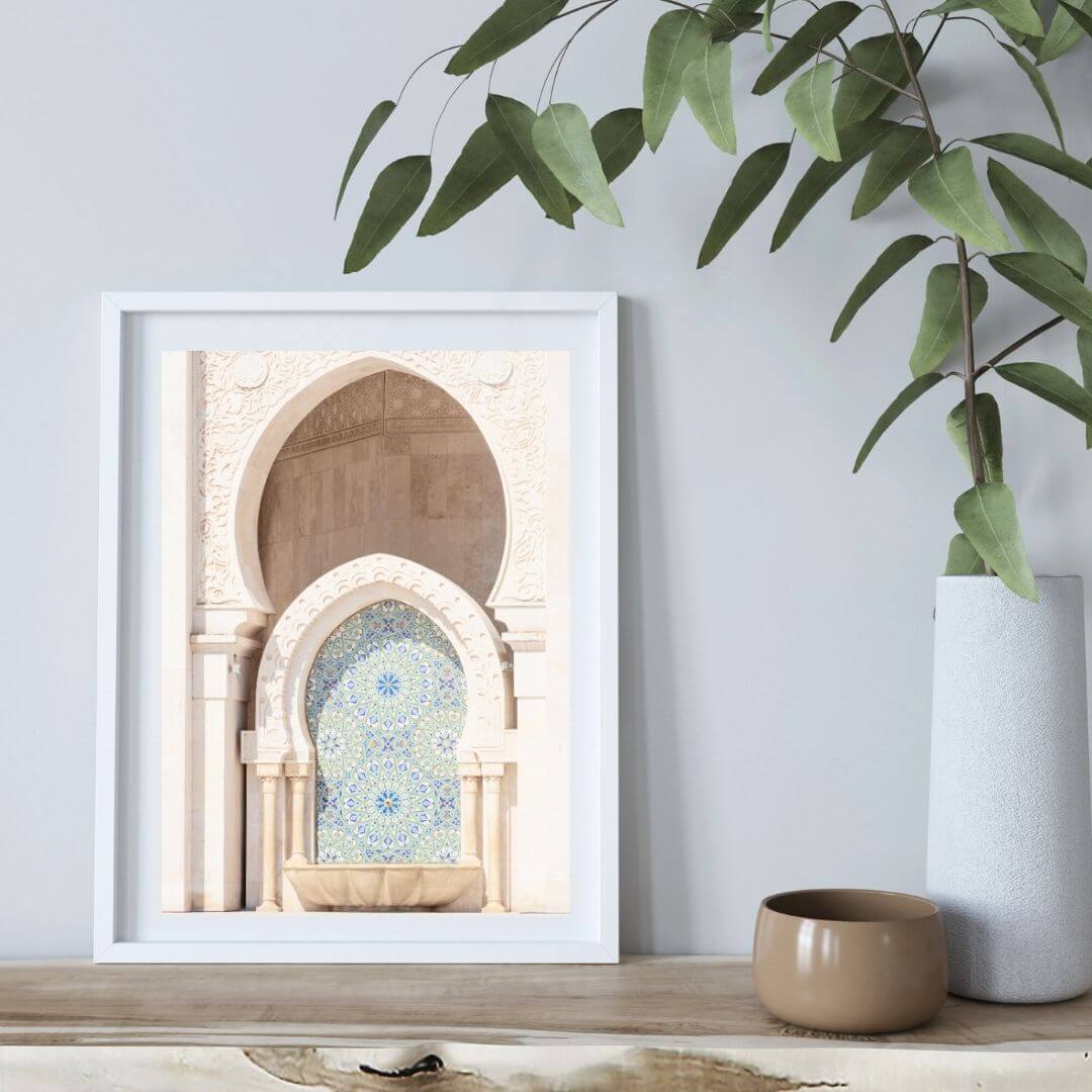 A3 Moroccan Temple Arch Wall Art Photo Print with a white frame to style your shelves by Beautiful Home Decor
