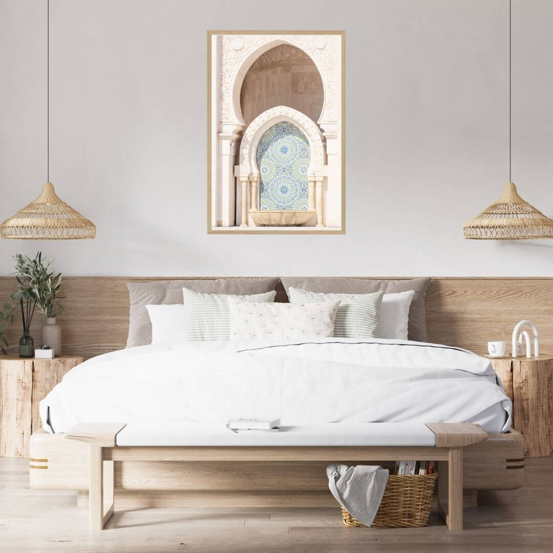 A Moroccan Temple Arch Wall Art Photo Print with a timber frame to decorate empty bedroom walls.