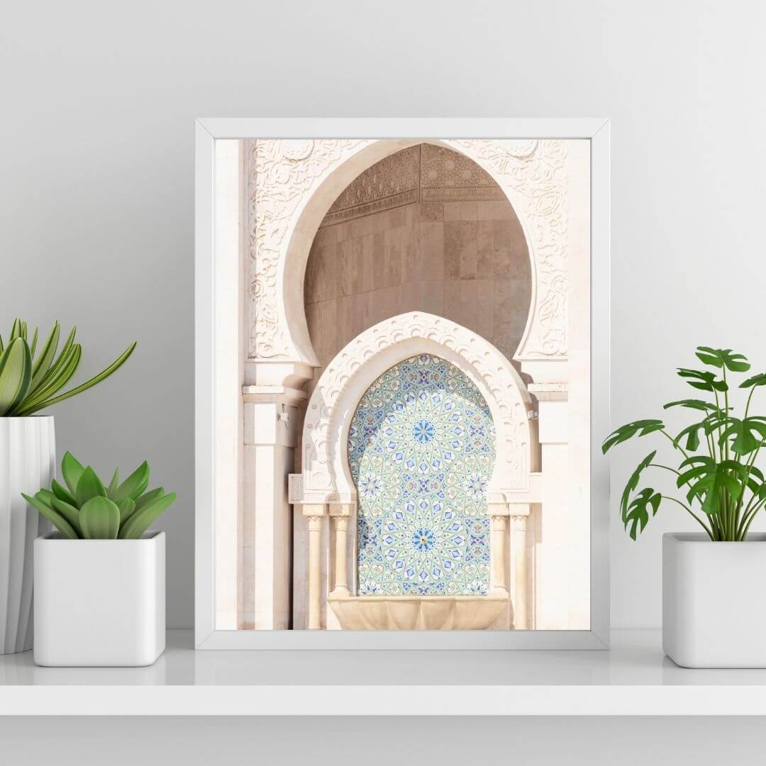 Moroccan Temple Arch Wall Art Photo Print with a white frame to fill empty shelves and tables by Beautiful Home Decor