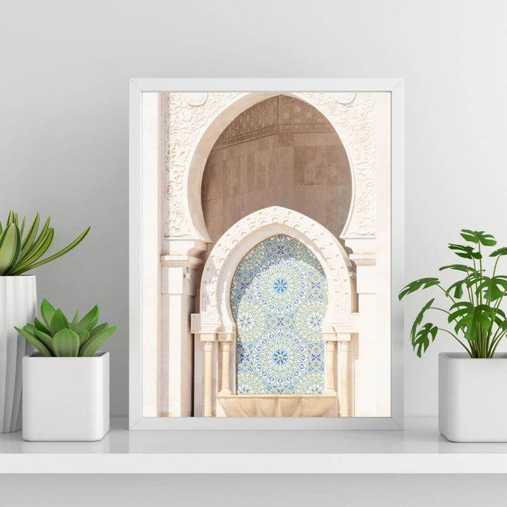 Moroccan Temple Arch Wall Art Photo Print with a white frame to fill empty shelves and tables by Beautiful Home Decor
