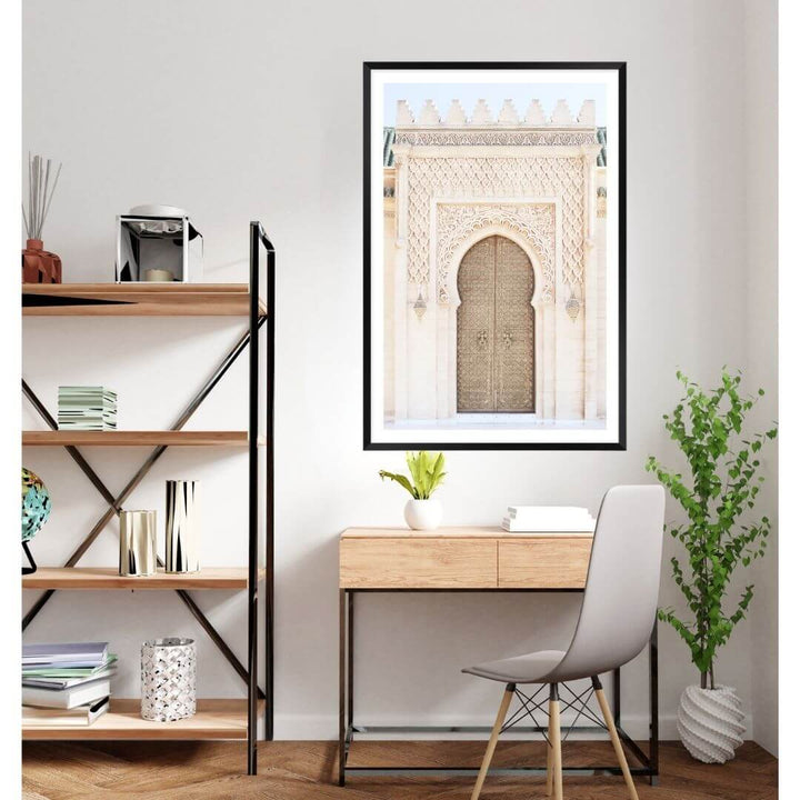A wall art photo print of a Moroccan Temple Door with a black frame or unframed to decorate a wall in your office