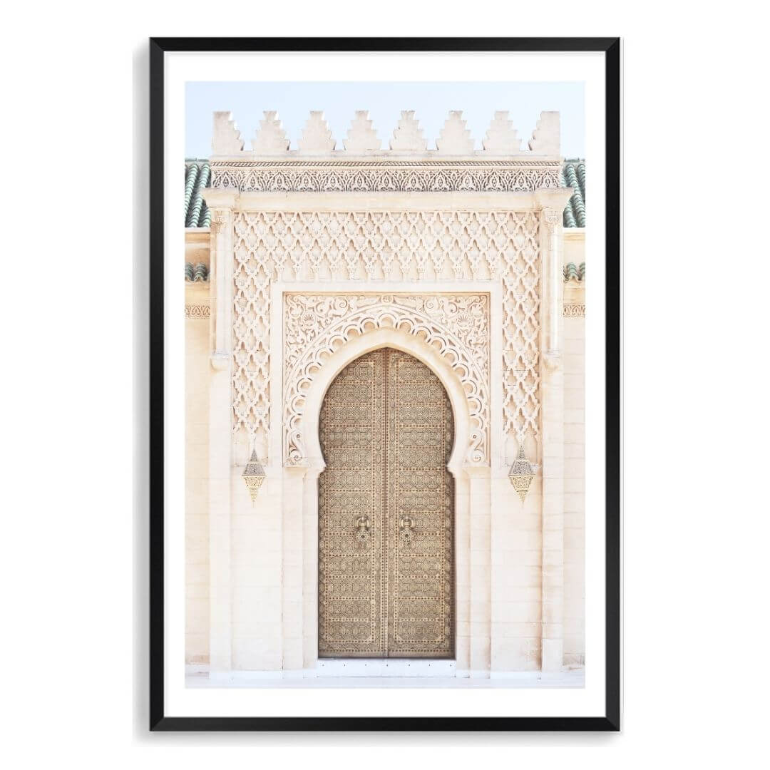 A wall art photo print of a Moroccan Temple Door with a black frame, white border by Beautiful Home Decor