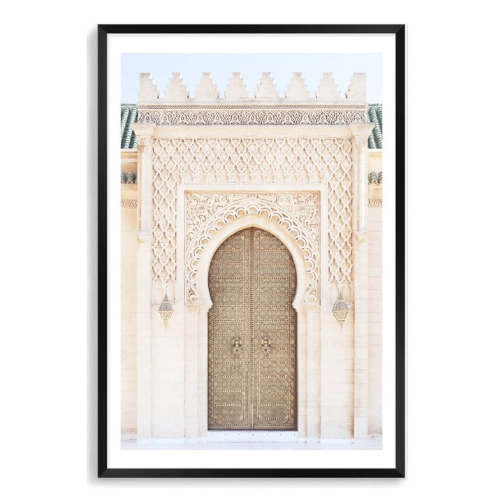 A wall art photo print of a Moroccan Temple Door with a black frame, white border by Beautiful Home Decor