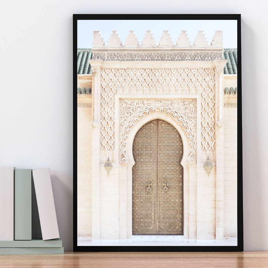 A wall art photo print of a Moroccan Temple Door with a black frame to decorate your bedroom by Beautiful HomeDecor