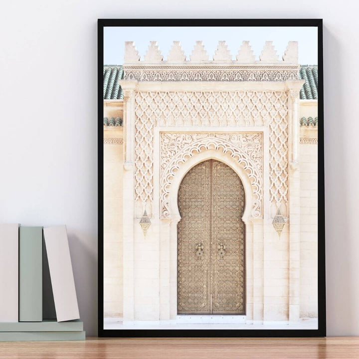 A wall art photo print of a Moroccan Temple Door with a black frame to decorate your bedroom by Beautiful HomeDecor