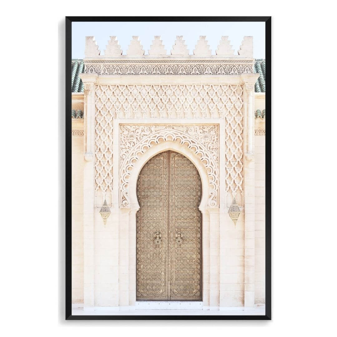A wall art photo print of a Moroccan Temple Door with a black frame, no white border at Beautiful HomeDecor