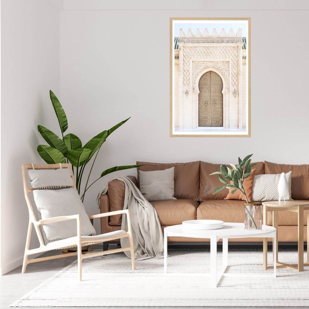 A wall art photo print of a Moroccan Temple Door with a timber frame or unframed for your coastal living room behind sofa