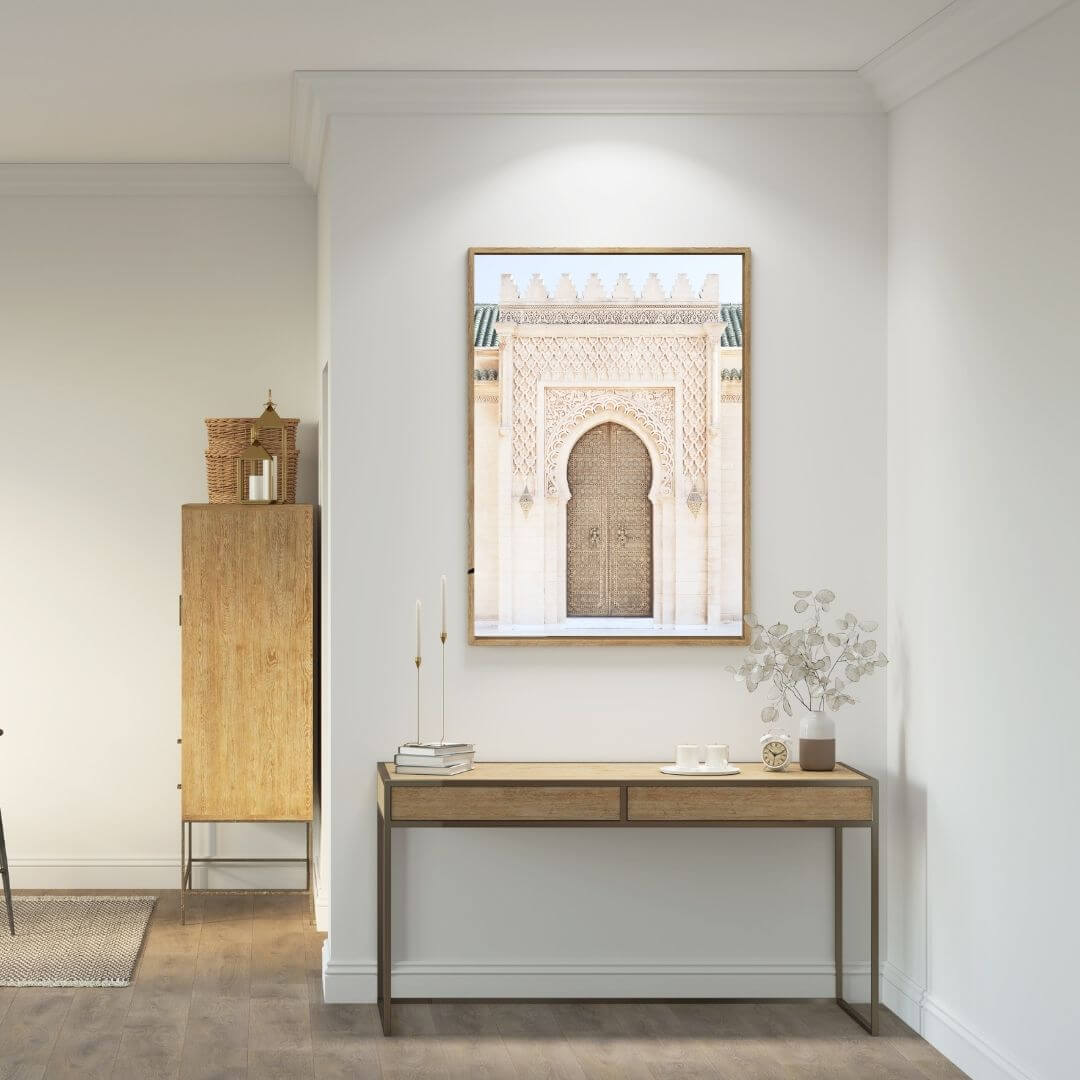 A wall art photo print of a Moroccan Temple Door with a timber frame or unframed for your hallway empty walls