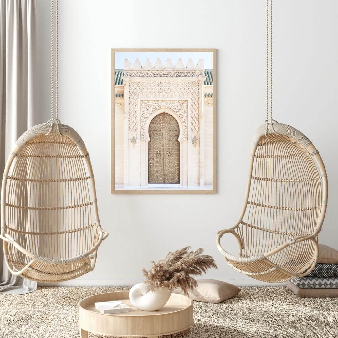 A wall art photo print of a Moroccan Temple Door with a timber frame for the living room by Beautiful HomeDecor