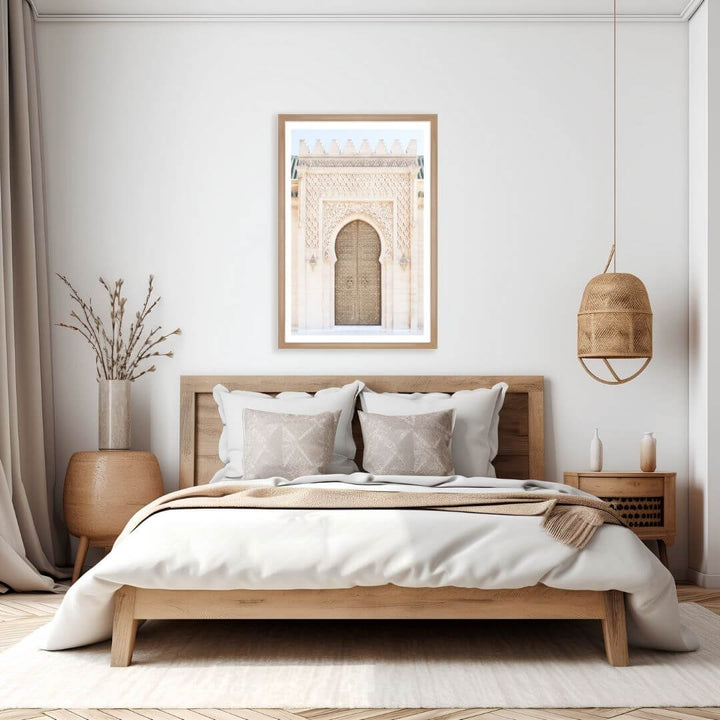 A wall art photo print of a Moroccan Temple Door with a timber frame or unframed to decorate your bedroom walls