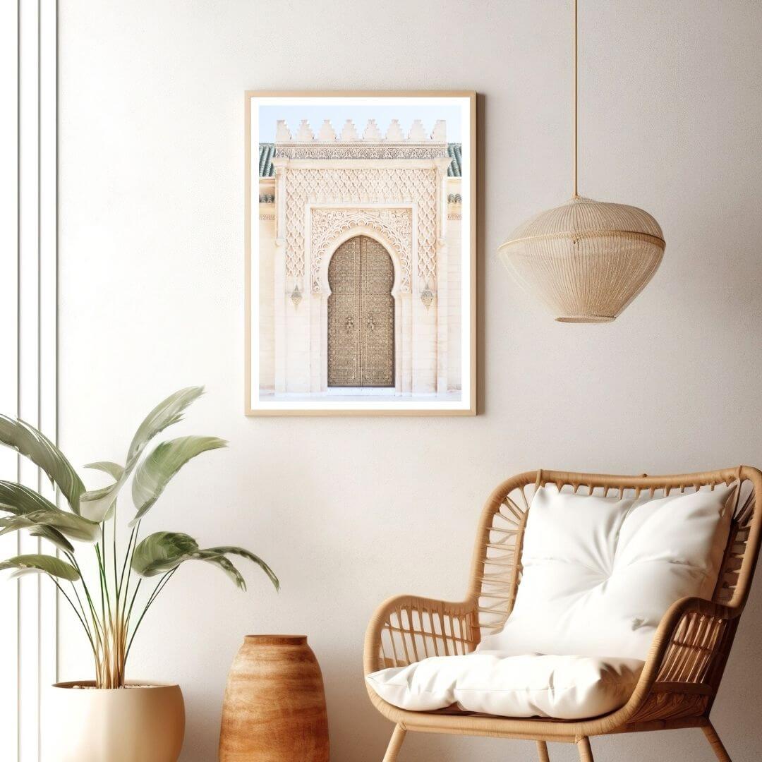 A wall art photo print of a Moroccan Temple Door with a timber frame or unframed for you living roomDecor