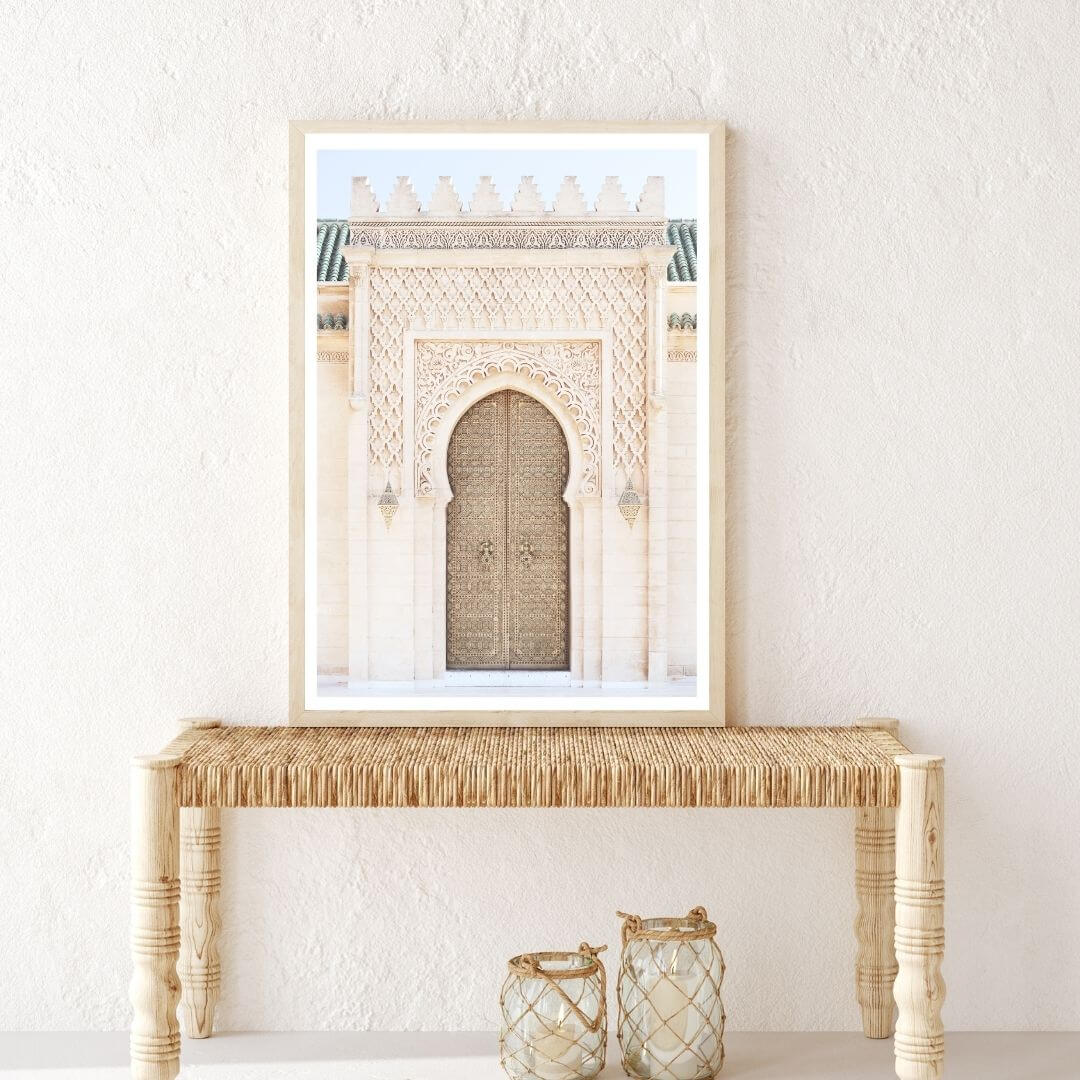 A wall art photo print of a Moroccan Temple Door with a timber frame for the hallway wall with free shipping