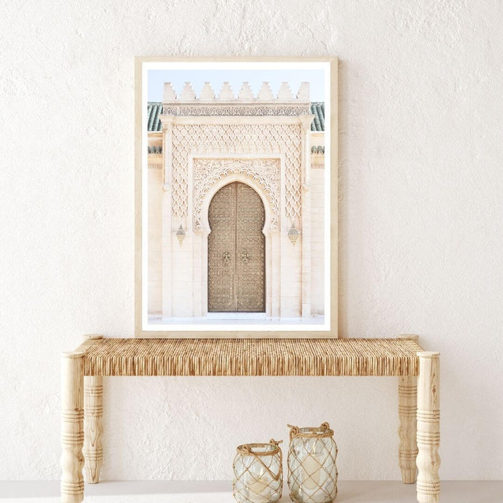 A wall art photo print of a Moroccan Temple Door with a timber frame for the hallway wall with free shipping