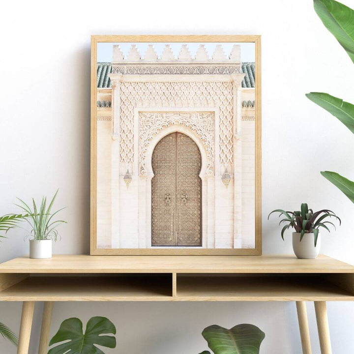 A wall art photo print of a Moroccan Temple Door with a timber frame or unframed to decorate a wall above your console table