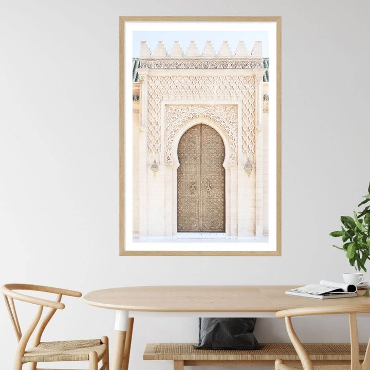 A wall art photo print of a Moroccan Temple Door with a white frame or unframed to style shelves and empty walls
