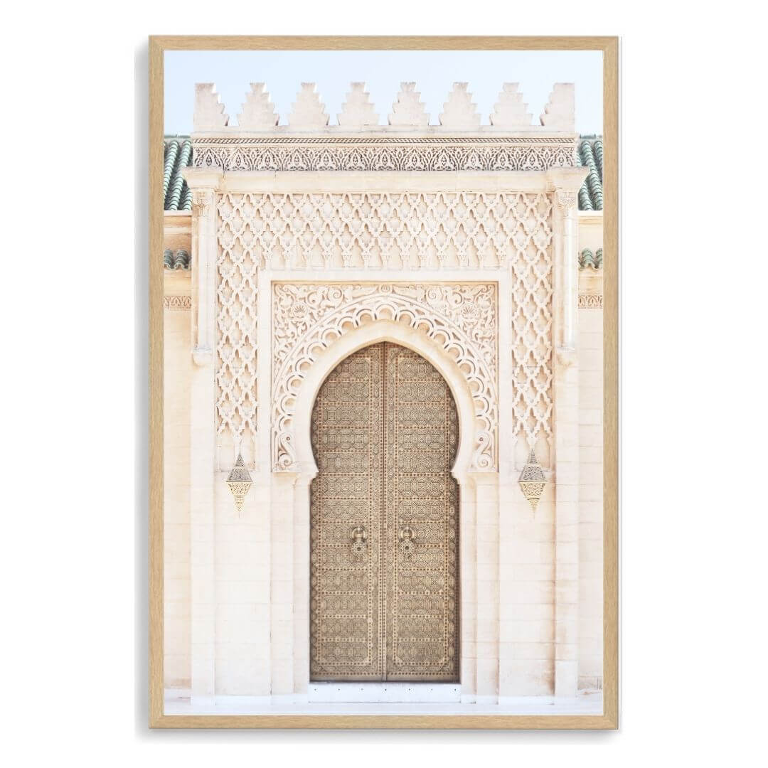 A wall art photo print of a Moroccan Temple Door with a timber frame, no white border at Beautiful HomeDecor