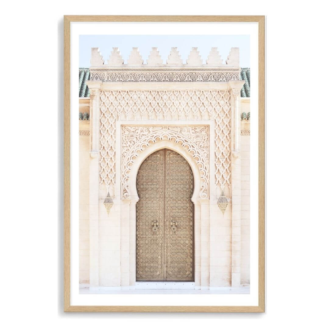A wall art photo print of a Moroccan Temple Door with a timber frame, white border by Beautiful Home Decor