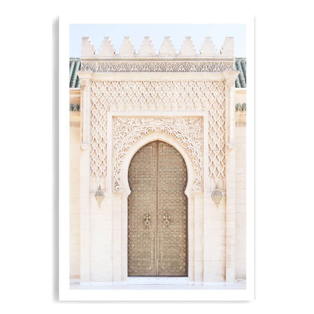 A wall art photo print of a Moroccan Temple Door unframed with a white border by Beautiful HomeDecor