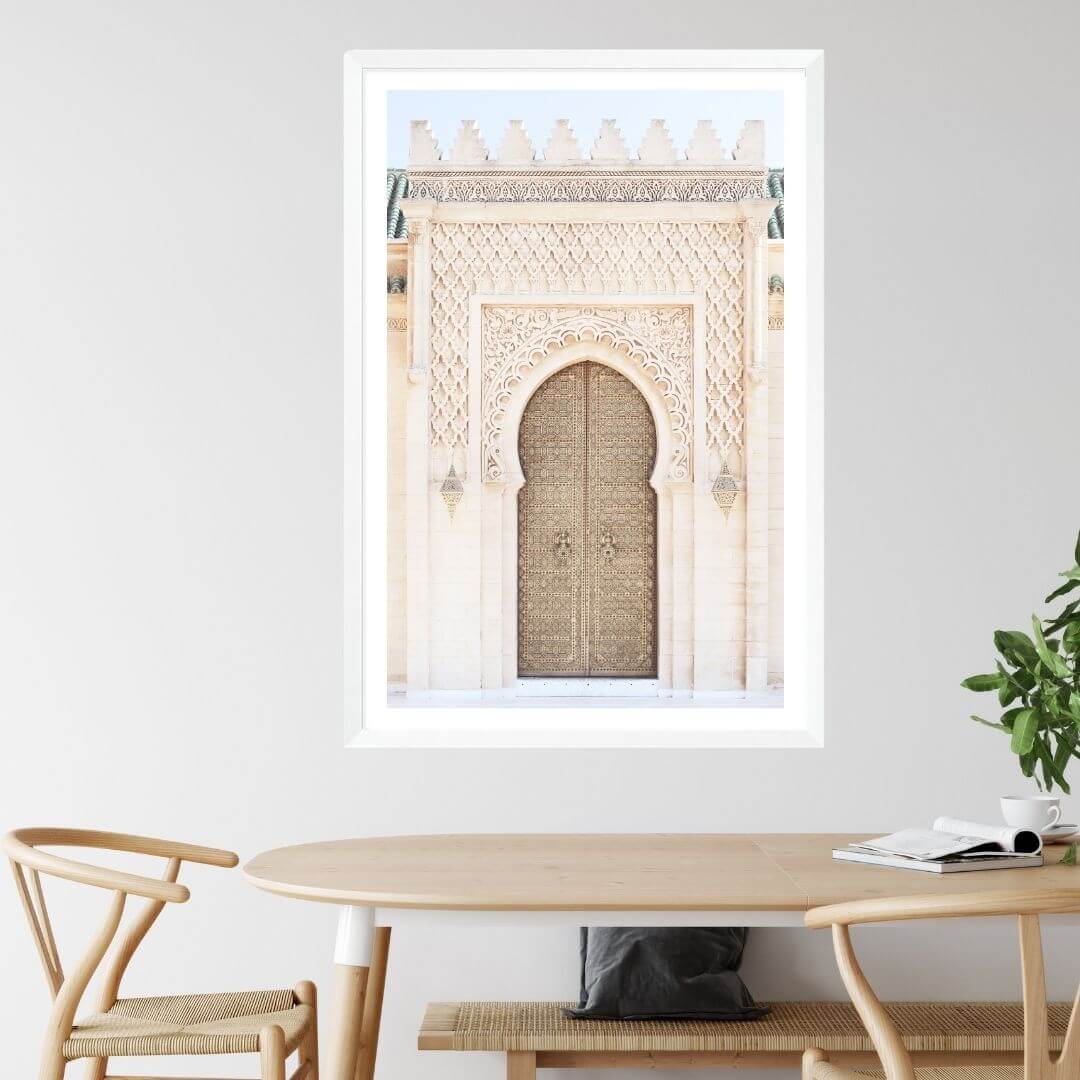 A wall art photo print of a Moroccan Temple Door with a white frame or unframed to style your dining room