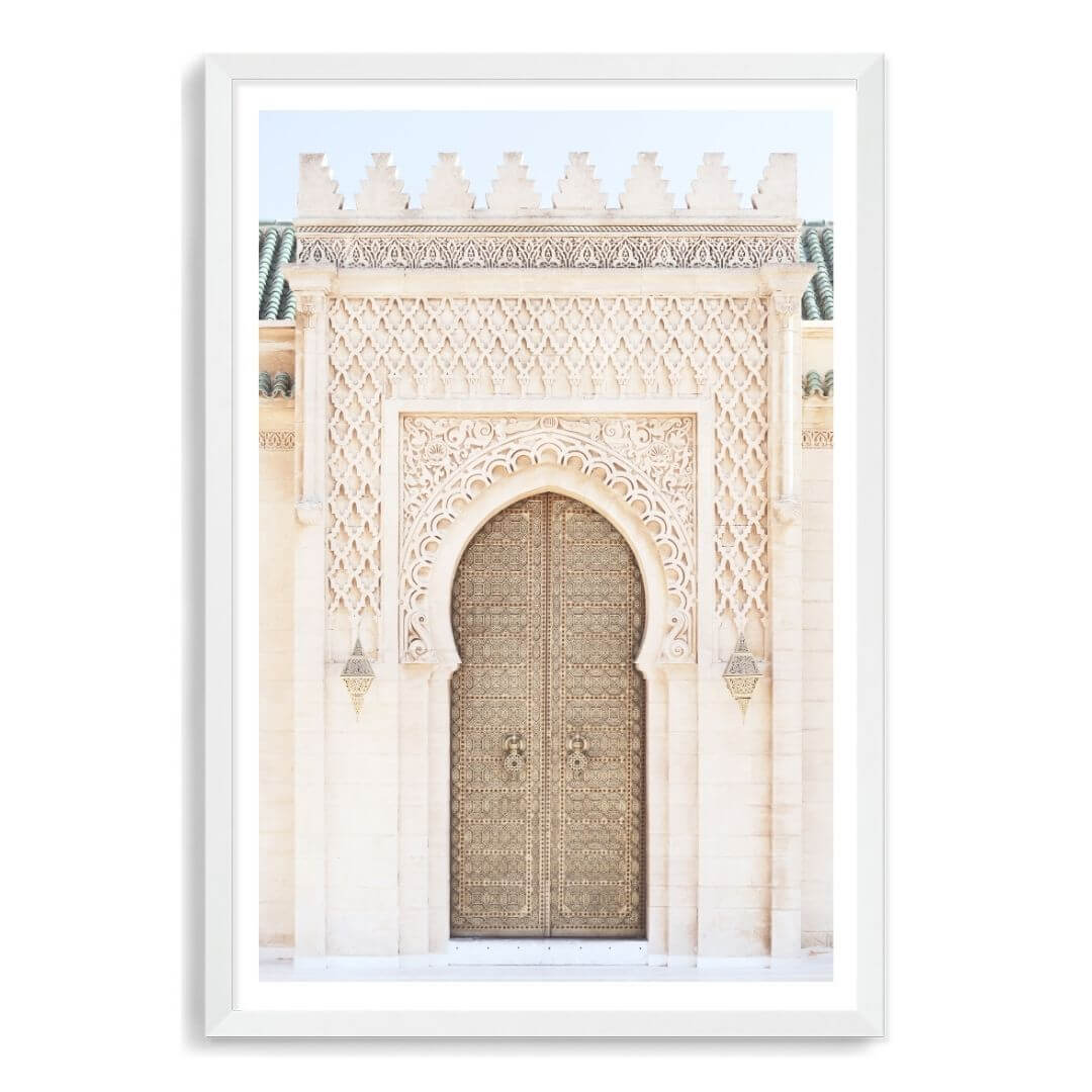 A wall art photo print of a Moroccan Temple Door with a white frame, white border at Beautiful HomeDecor