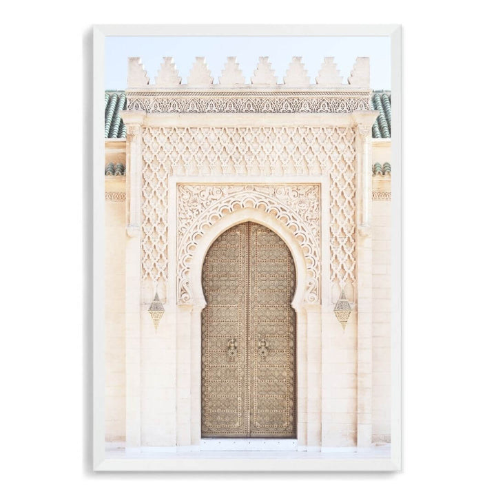 A wall art photo print of a Moroccan Temple Door with a white frame, no white border at Beautiful HomeDecor
