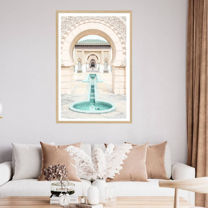A wall art photo print of a Moroccan Temple water feature with a timber frame or unframed for your coastal living room behind sofa