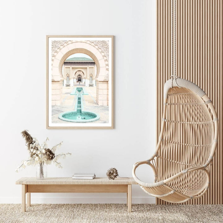 A wall art photo print of a Moroccan Temple water feature with a timber frame for the living room by Beautiful HomeDecor