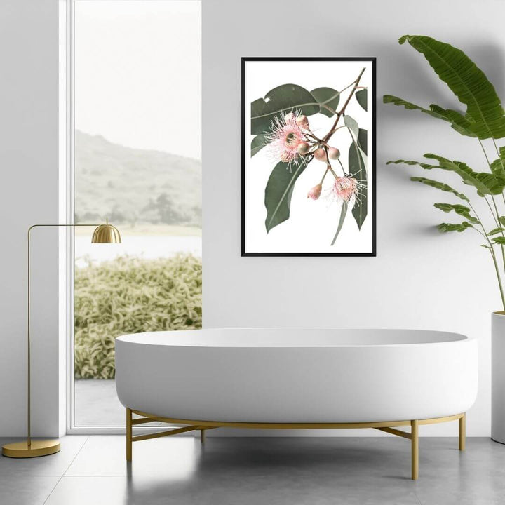 A wall art photo print of native gum eucalyptus flower a with a black frame or unframed for your bathroom wall