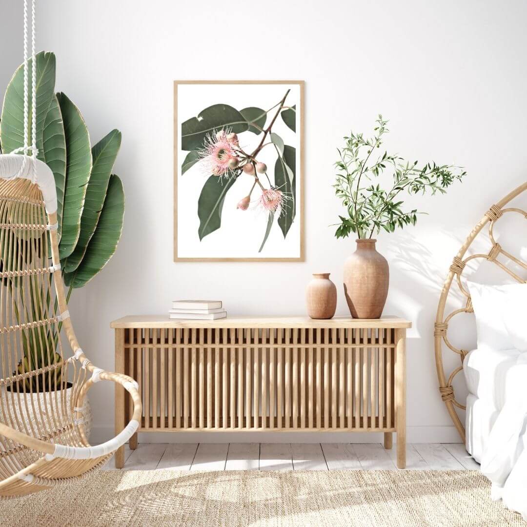 A wall art photo print of native gum eucalyptus flower a with a timber frame to decorate your bedroom by Beautiful Home Decor