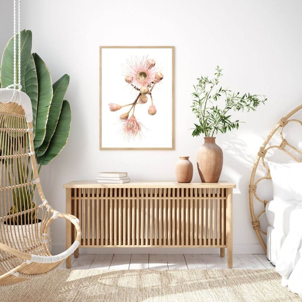 A wall art photo print of native gum eucalyptus flower b with a timber frame to decorate your bedroom by Beautiful Home Decor