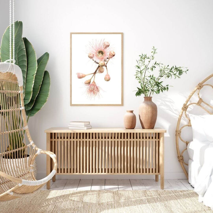 A wall art photo print of native gum eucalyptus flower b with a timber frame to decorate your bedroom by Beautiful Home Decor