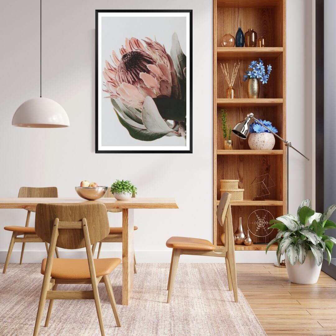 A wall art photo print of a peach protea floral a with a timber frame or unframed for your dining room empty walls