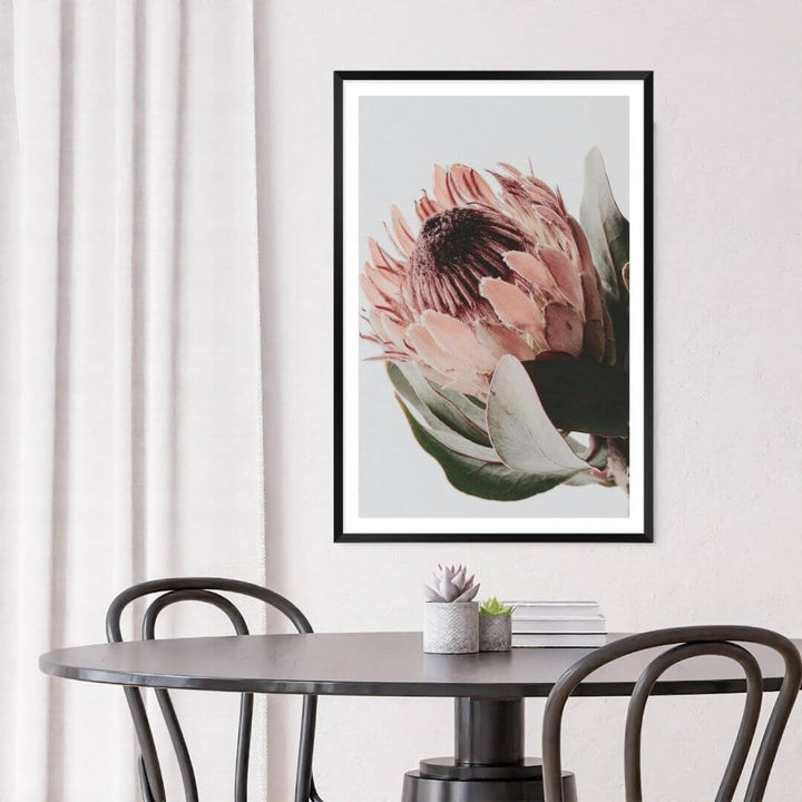 A wall art photo print of a peach protea floral a with a black frame to style a coastal Australian dining room