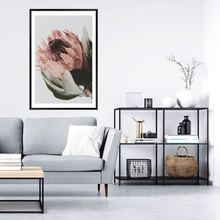 A wall art photo print of a peach protea floral a with a black frame or unframed for your study office wall