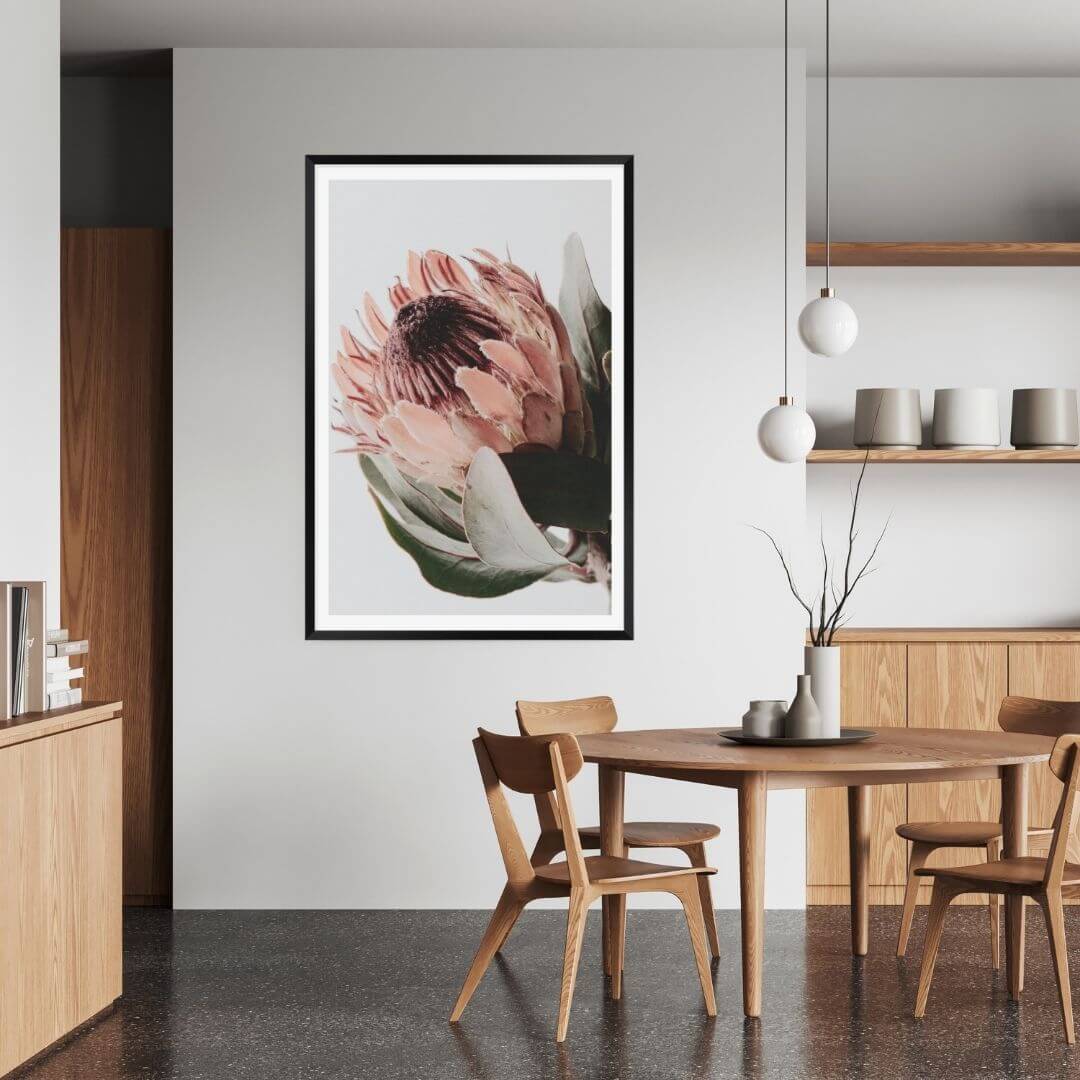 A wall art photo print of a peach protea floral a with a black frame or unframed for the wall in dining room
