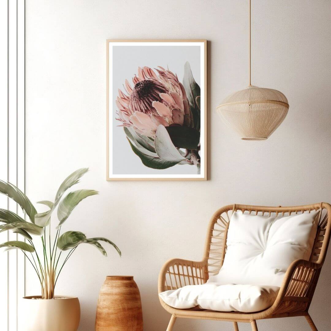 A wall art photo print of a peach protea floral a with a timber frame for the living room by Beautiful HomeDecor