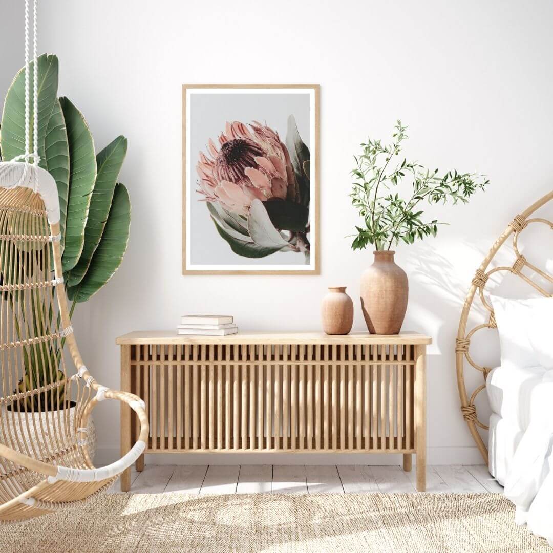 A wall art photo print of a peach protea floral a with a timber frame to decorate your bedroom by Beautiful HomeDecor