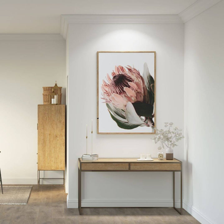A wall art photo print of a peach protea floral a with a timber frame or unframed for your hallway