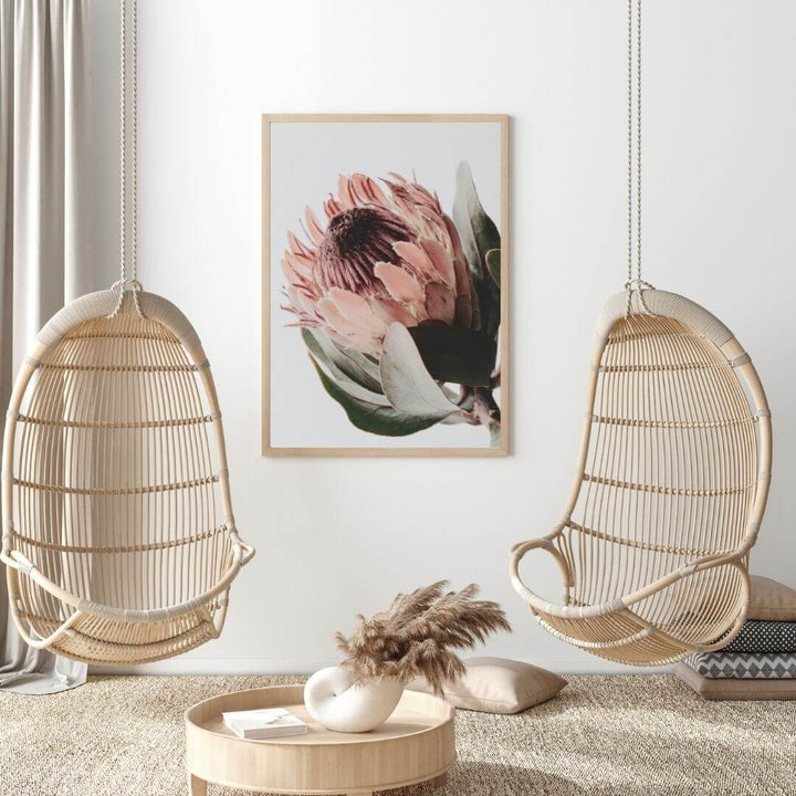 A wall art photo print of a peach protea floral a with a timber frame to style a wall in living room