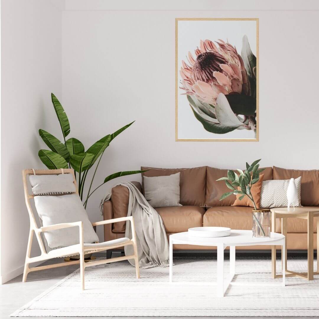 A wall art photo print of a peach protea floral a with a timber frame for the wall in your living room