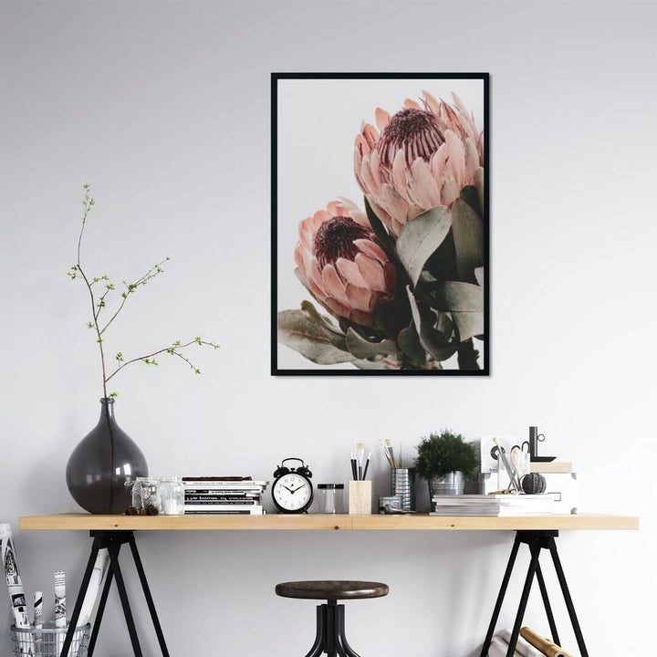 The wall art photo print of a peach protea floral b with a black frame or unframed for your study office wall