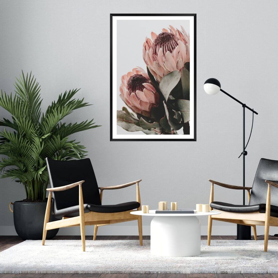 The wall art photo print of a peach protea floral b with a black frame or unframed for the wall in living room