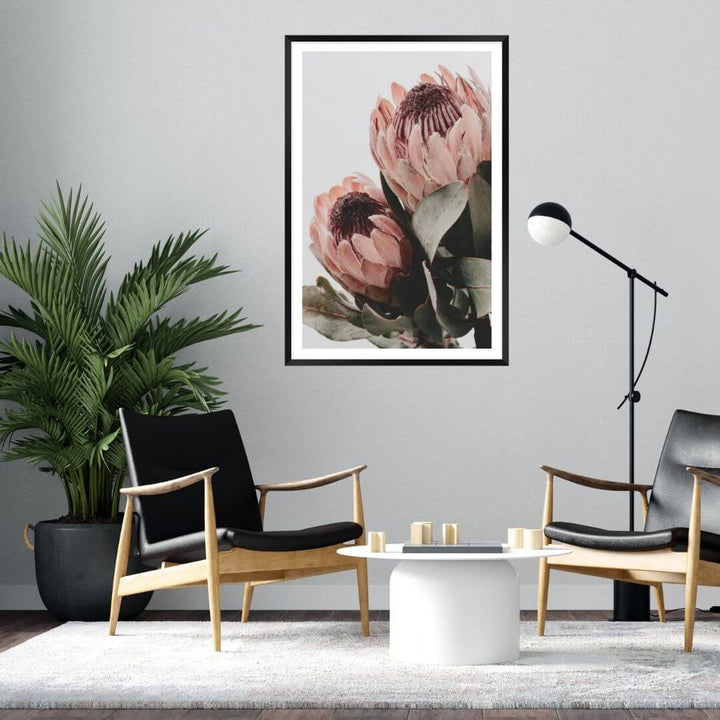 The wall art photo print of a peach protea floral b with a black frame or unframed for the wall in living room