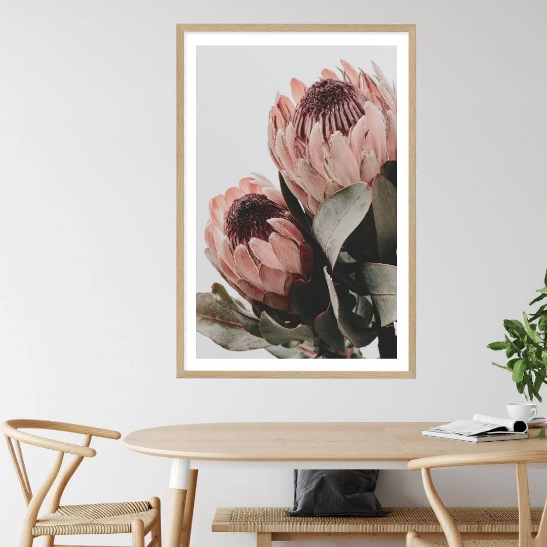 The wall art photo print of a peach protea floral b with a timber frame or unframed for your dining room empty walls