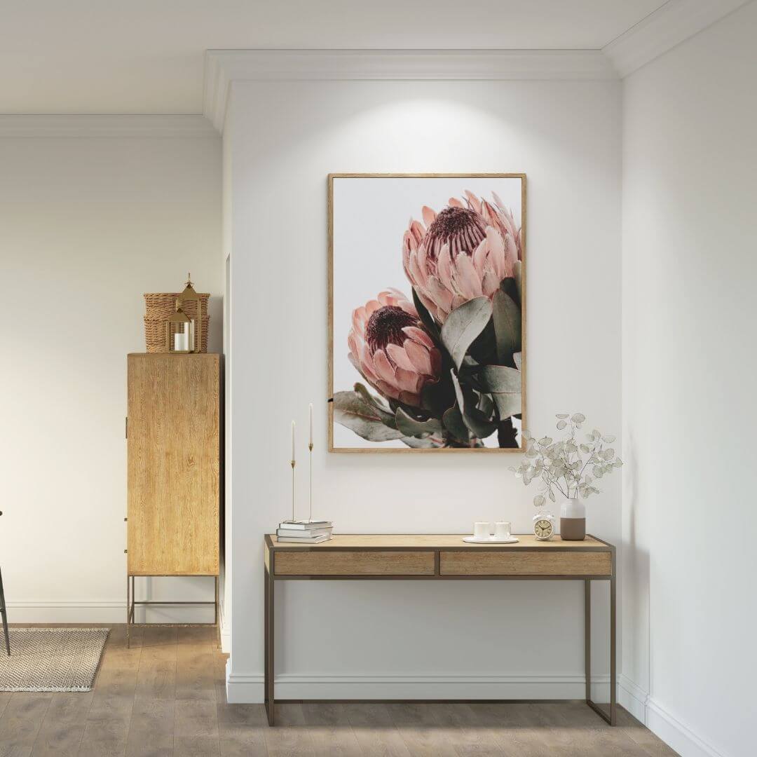 The wall art photo print of a peach protea floral b with a timber frame or unframed for your hallway
